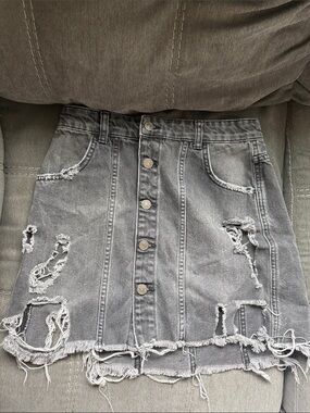Free People Distressed Button-Front Gray Denim Mini Skirt